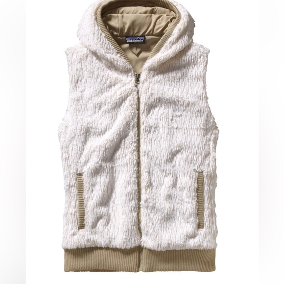Patagonia Conejo Vest Hooded Full Zip Faux Fur Fuzzy 25915 Size Large Cream Tan - Picture 2 of 13